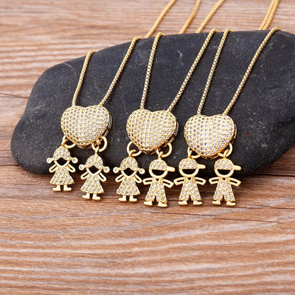 Hot Sale Son Daughter Heart Gold Plated Cubic Zirconia Family Girl Boy Pendant Necklace Chain Jewelry for Mother Gift