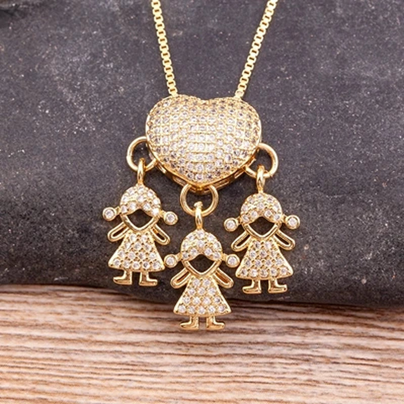 Hot Sale Son Daughter Heart Gold Plated Cubic Zirconia Family Girl Boy Pendant Necklace Chain Jewelry for Mother Gift