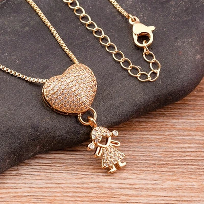 Hot Sale Son Daughter Heart Gold Plated Cubic Zirconia Family Girl Boy Pendant Necklace Chain Jewelry for Mother Gift
