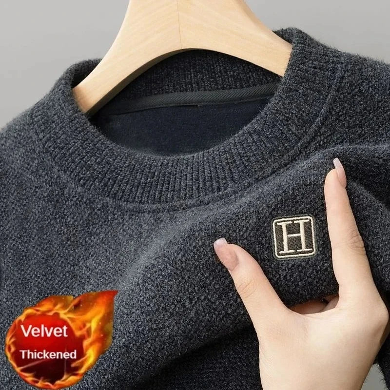 Winter Men'S Warm Fleece Sweater O-Neck Embroidered Casual Knitted Inner Lap Pullovers Thick Thermal Underwear Sweater