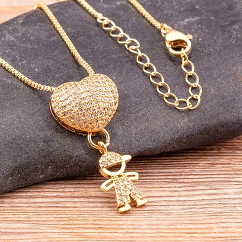 Hot Sale Son Daughter Heart Gold Plated Cubic Zirconia Family Girl Boy Pendant Necklace Chain Jewelry for Mother Gift