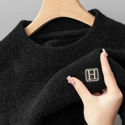 Winter Men'S Warm Fleece Sweater O-Neck Embroidered Casual Knitted Inner Lap Pullovers Thick Thermal Underwear Sweater