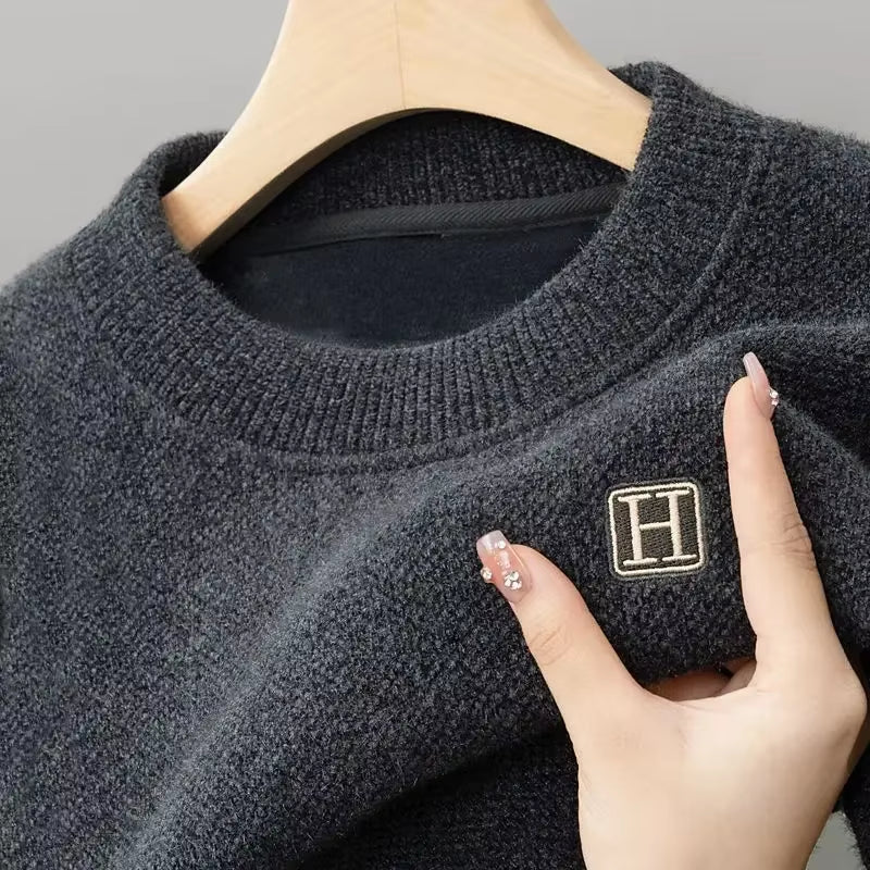Winter Men'S Warm Fleece Sweater O-Neck Embroidered Casual Knitted Inner Lap Pullovers Thick Thermal Underwear Sweater
