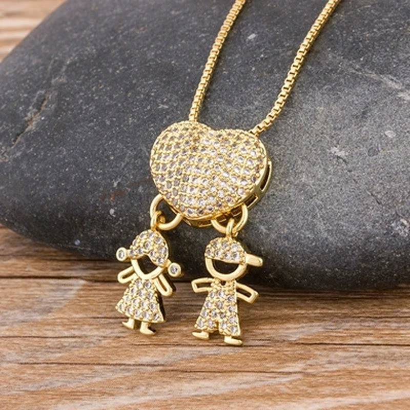 Hot Sale Son Daughter Heart Gold Plated Cubic Zirconia Family Girl Boy Pendant Necklace Chain Jewelry for Mother Gift