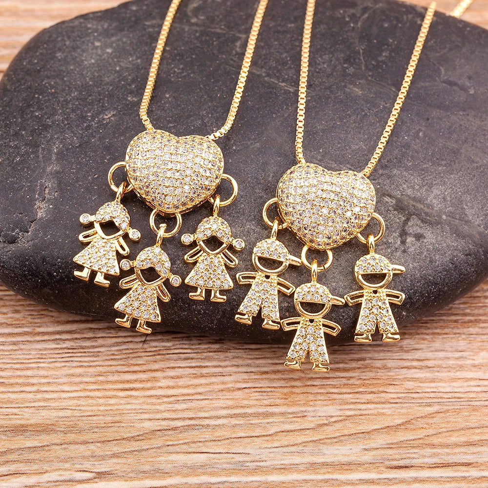 Hot Sale Son Daughter Heart Gold Plated Cubic Zirconia Family Girl Boy Pendant Necklace Chain Jewelry for Mother Gift