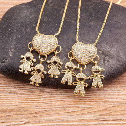 Hot Sale Son Daughter Heart Gold Plated Cubic Zirconia Family Girl Boy Pendant Necklace Chain Jewelry for Mother Gift