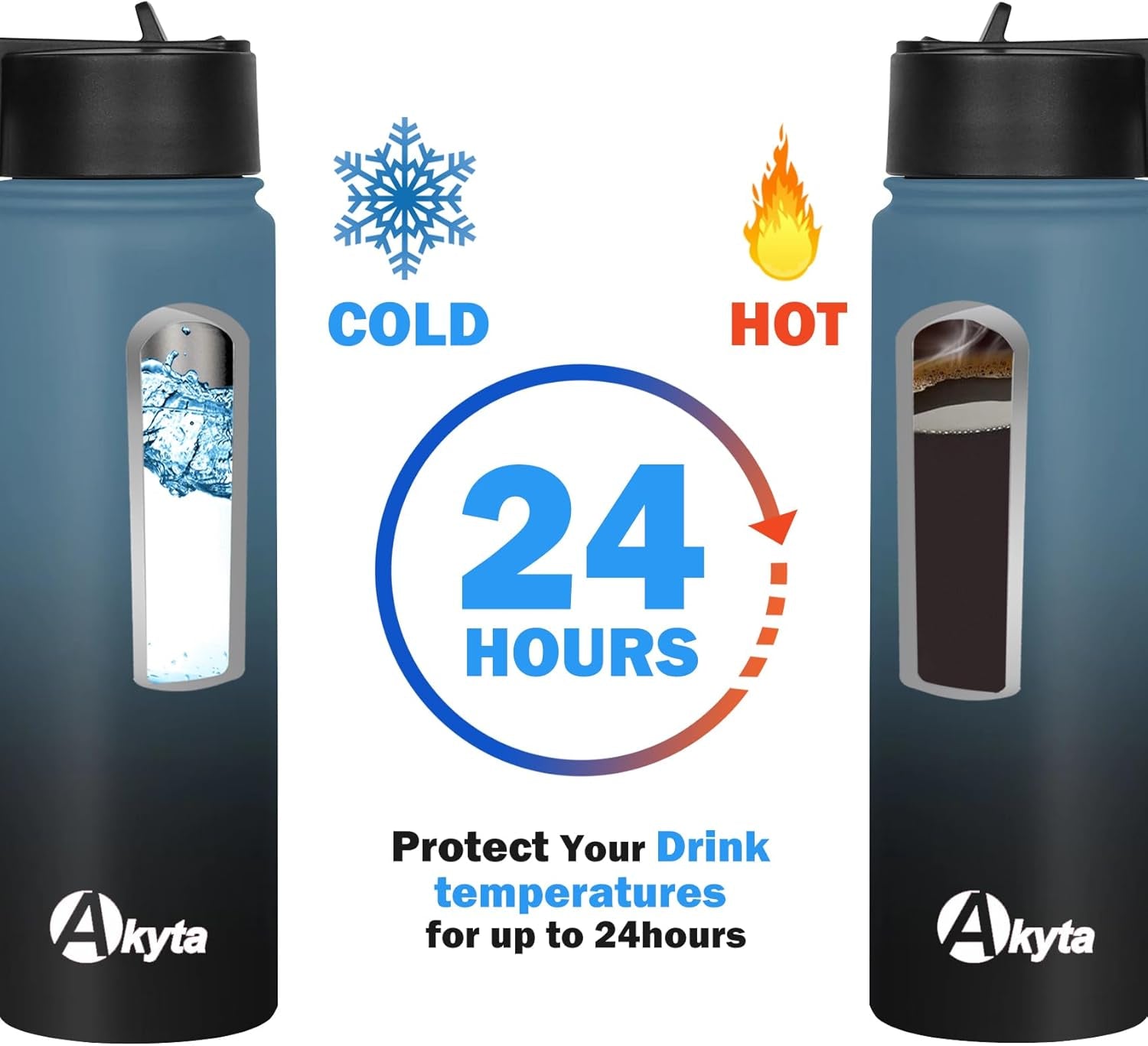 24 Oz Water Bottle, Sports Water Bottle with Straw Lid, Spout Lid, Vacuum-Insulated Stainless-Steel,Double-Walled Water Bottle for Hiking Biking (24 Oz, Indigo Black)