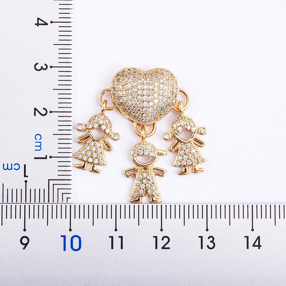 Hot Sale Son Daughter Heart Gold Plated Cubic Zirconia Family Girl Boy Pendant Necklace Chain Jewelry for Mother Gift