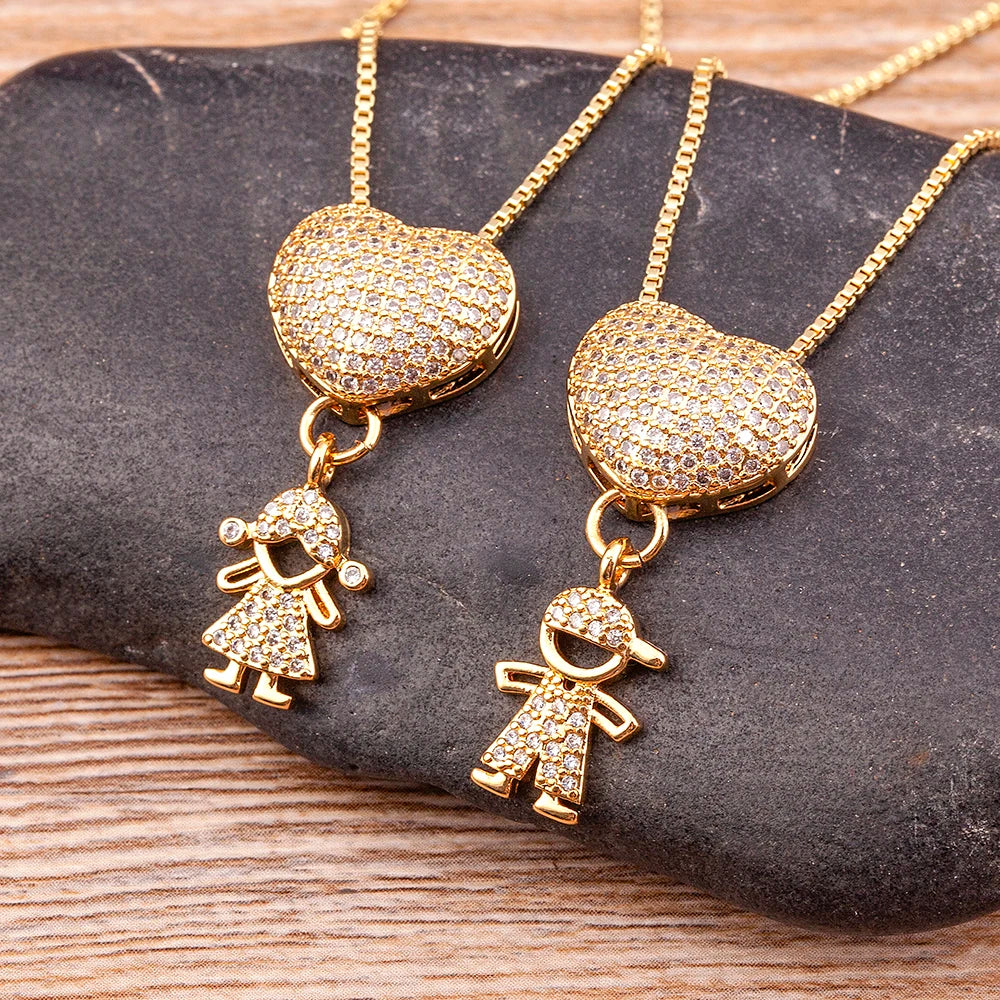 Hot Sale Son Daughter Heart Gold Plated Cubic Zirconia Family Girl Boy Pendant Necklace Chain Jewelry for Mother Gift
