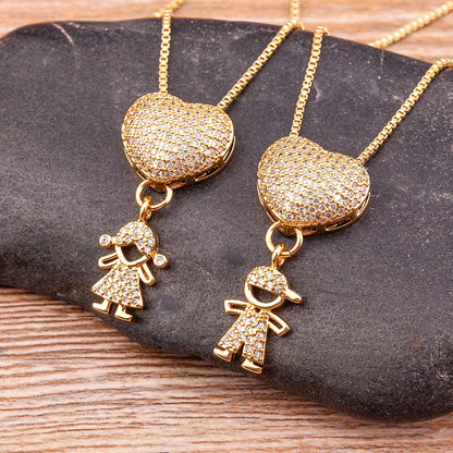 Hot Sale Son Daughter Heart Gold Plated Cubic Zirconia Family Girl Boy Pendant Necklace Chain Jewelry for Mother Gift