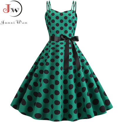 Women Summer Dress Robe Vintage 50S 60S Big Swing Party Rockabilly Dress Sexy Spaghetti Strap Polka Dot Vestidos