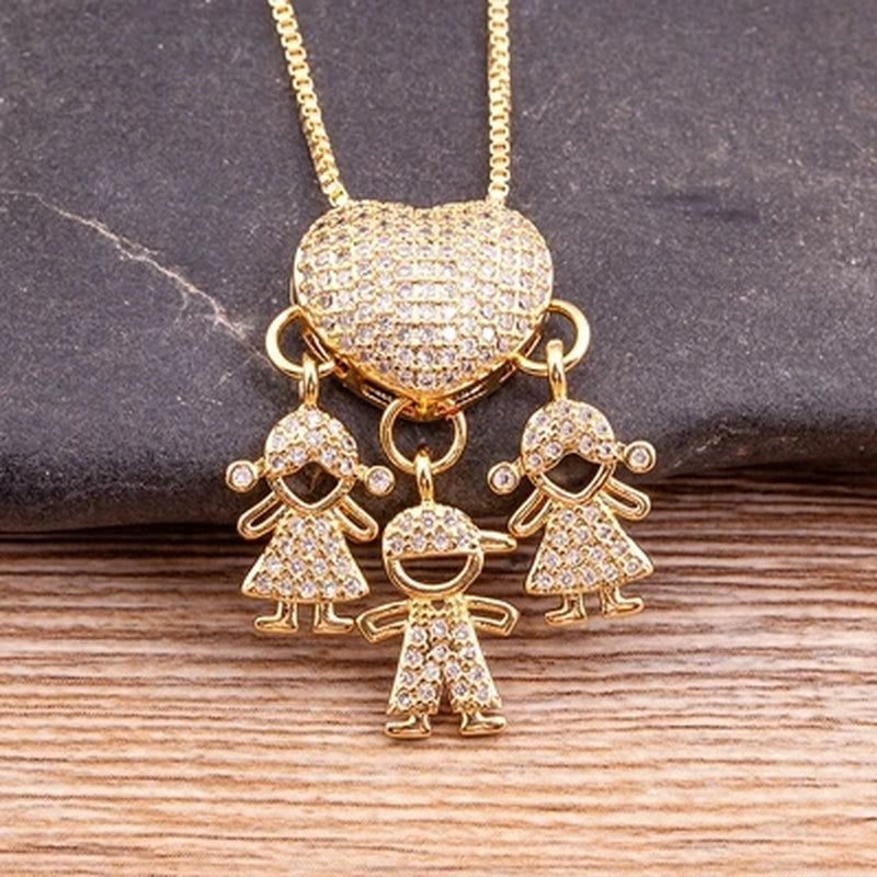 Hot Sale Son Daughter Heart Gold Plated Cubic Zirconia Family Girl Boy Pendant Necklace Chain Jewelry for Mother Gift