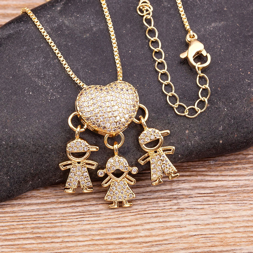 Hot Sale Son Daughter Heart Gold Plated Cubic Zirconia Family Girl Boy Pendant Necklace Chain Jewelry for Mother Gift