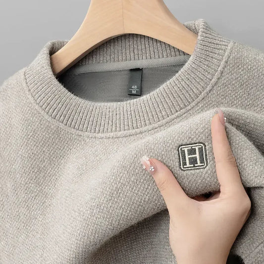 Winter Men'S Warm Fleece Sweater O-Neck Embroidered Casual Knitted Inner Lap Pullovers Thick Thermal Underwear Sweater