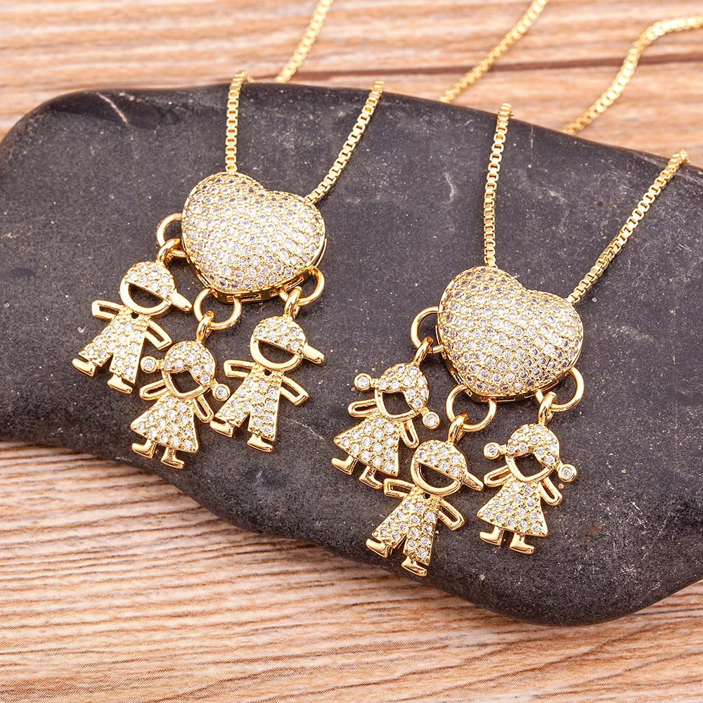 Hot Sale Son Daughter Heart Gold Plated Cubic Zirconia Family Girl Boy Pendant Necklace Chain Jewelry for Mother Gift