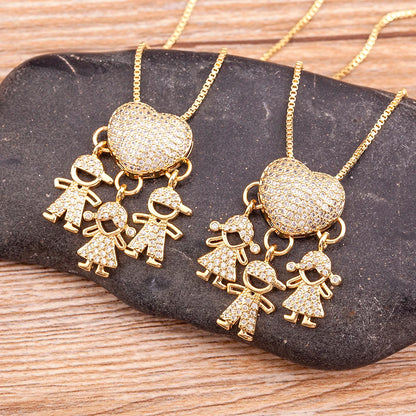 Hot Sale Son Daughter Heart Gold Plated Cubic Zirconia Family Girl Boy Pendant Necklace Chain Jewelry for Mother Gift