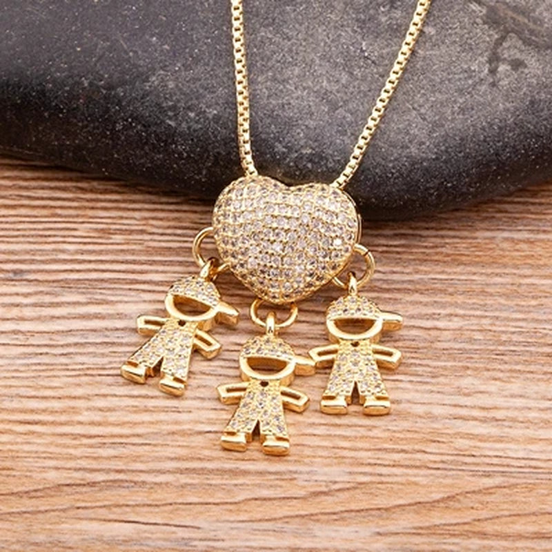Hot Sale Son Daughter Heart Gold Plated Cubic Zirconia Family Girl Boy Pendant Necklace Chain Jewelry for Mother Gift