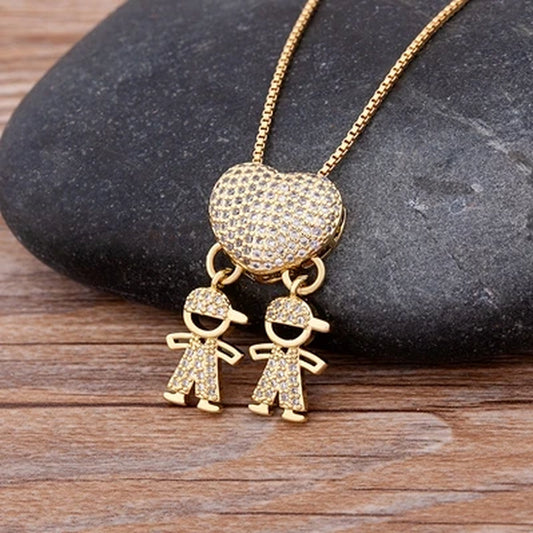 Hot Sale Son Daughter Heart Gold Plated Cubic Zirconia Family Girl Boy Pendant Necklace Chain Jewelry for Mother Gift