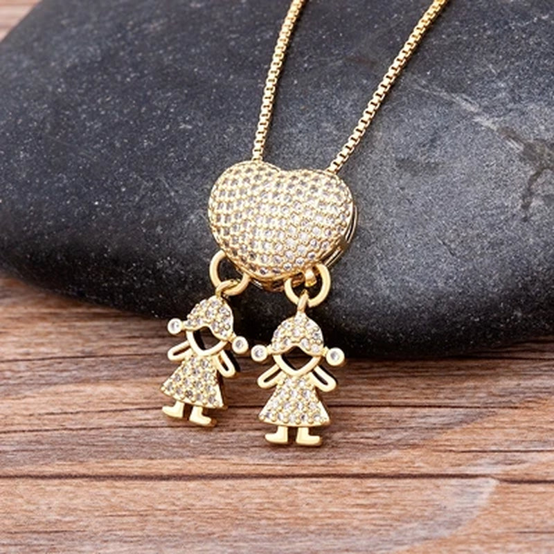 Hot Sale Son Daughter Heart Gold Plated Cubic Zirconia Family Girl Boy Pendant Necklace Chain Jewelry for Mother Gift
